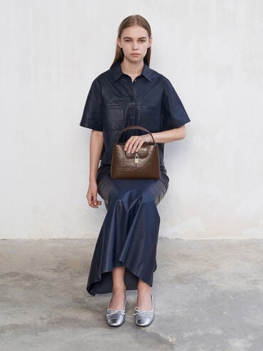 Suki Crinkle-Effect Top Handle Bag, Dark Brown, hi-res