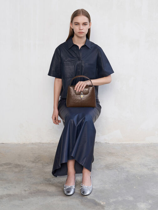Suki Crinkle-Effect Top Handle Bag, Dark Brown, hi-res