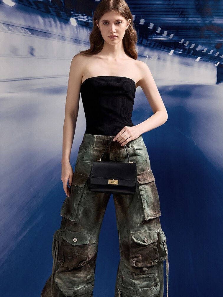 Lennie Chain-Strap Top Handle Bag, Black, hi-res