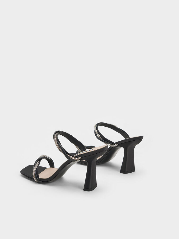 Embellished Twisted Strap Satin Sandals, Black, hi-res