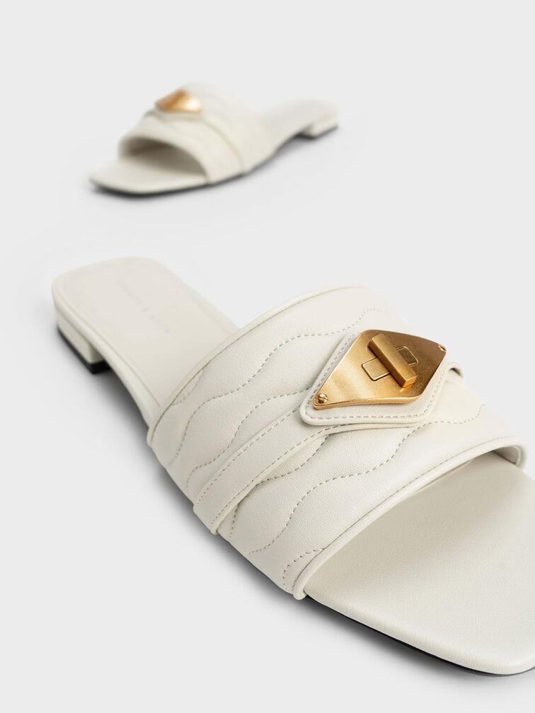 Metallic Buckle Textured Slides, Chalk, hi-res