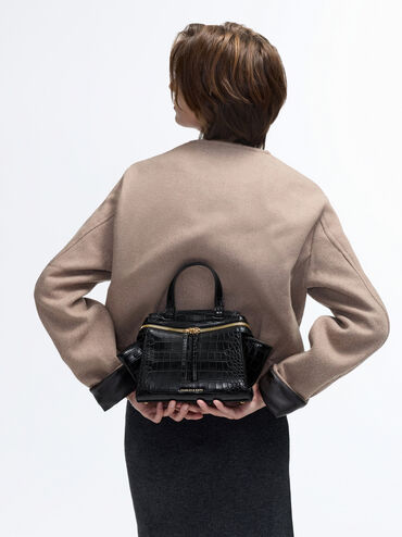 Pansy Trapeze Croc-Effect Top Handle Bag, Black, hi-res