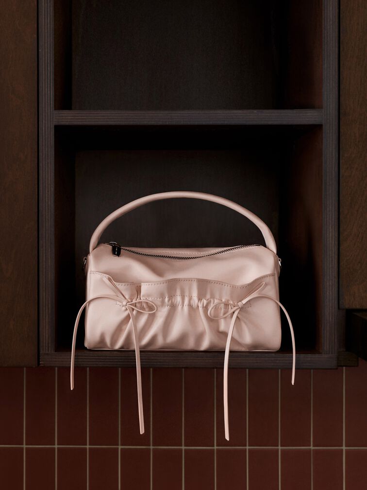 Reese Ruched Bow Top Handle Bag, Soft Pink, hi-res