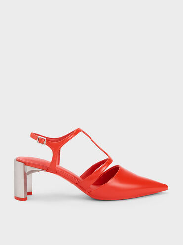 Curved Heel T-Strap Pumps, Red, hi-res