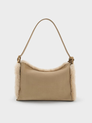 Suede Shearling-Lined Top-Flap Hobo Bag, Sable Beige, hi-res