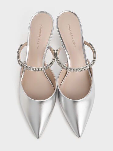Ambrosia Metallic Gem-Embellished Pointed-Toe Mules, Silver, hi-res