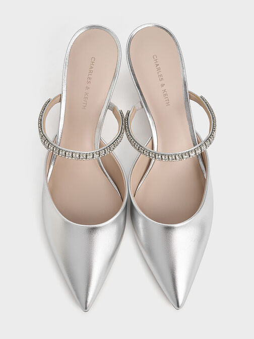 Ambrosia Metallic Gem-Embellished Pointed-Toe Mules, Silver, hi-res