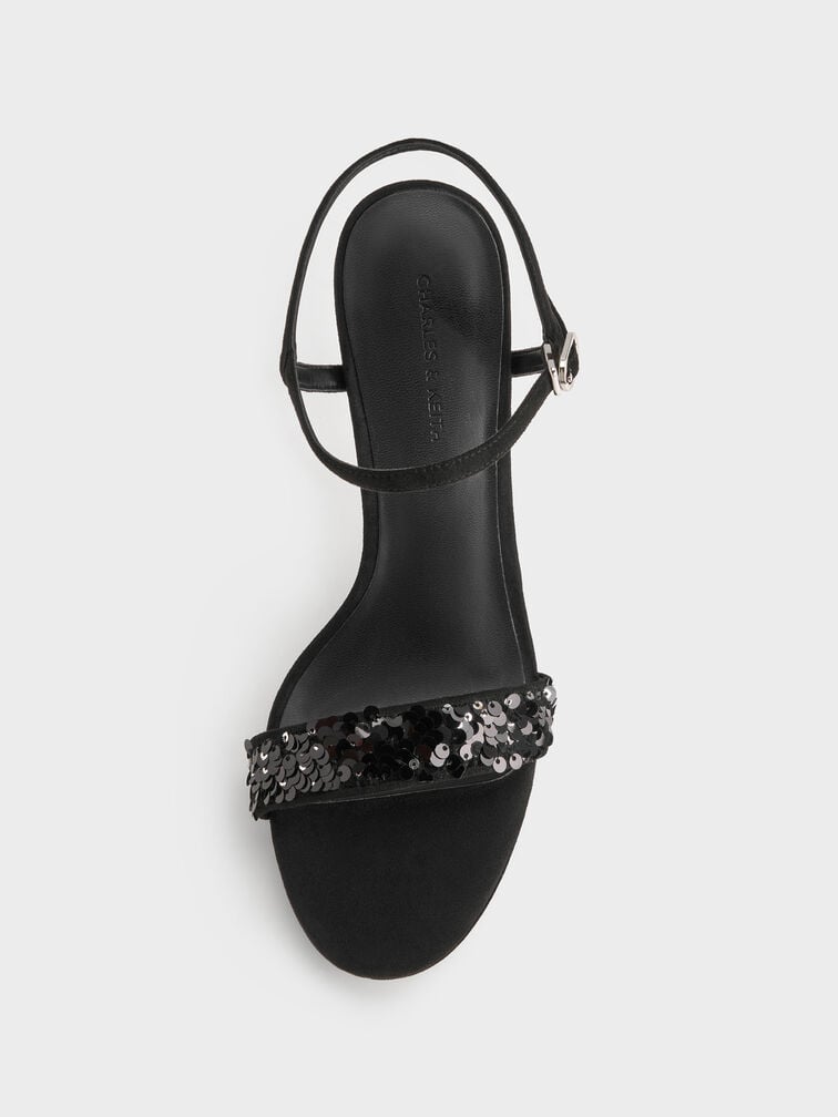 Sequinned Ankle-Strap Stiletto Sandals, Black Textured, hi-res