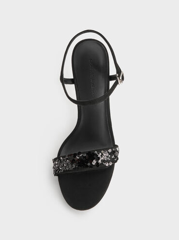 Sequinned Ankle-Strap Stiletto Sandals, Black Textured, hi-res