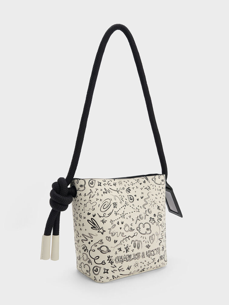 Gwiana Knotted Printed Bucket Bag, Cream, hi-res