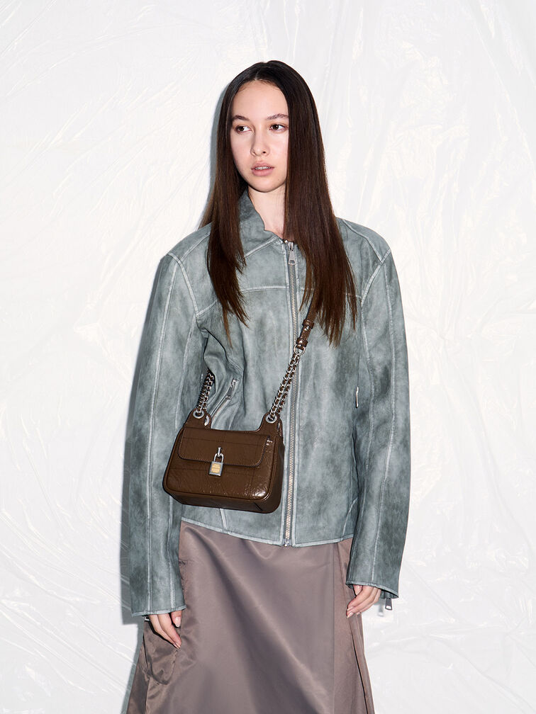Suki Crinkle-Effect Padlock Shoulder Bag, Dark Brown, hi-res