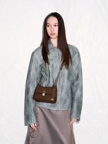 Suki Crinkle-Effect Padlock Shoulder Bag, Dark Brown, hi-res