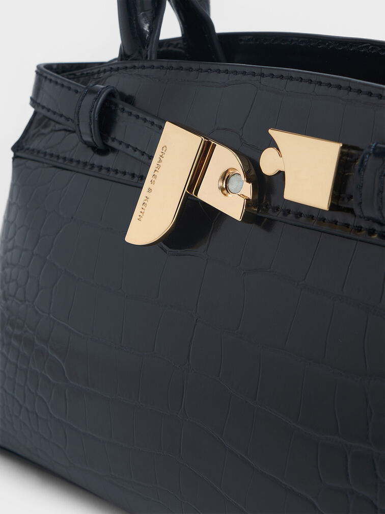 Aurelia Croc-Effect Metallic-Accent Elongated Tote, Navy, hi-res