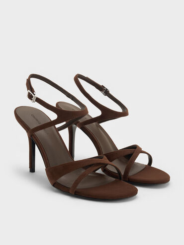 Faux Suede Crossover Stiletto Sandals, Dark Brown Textured, hi-res
