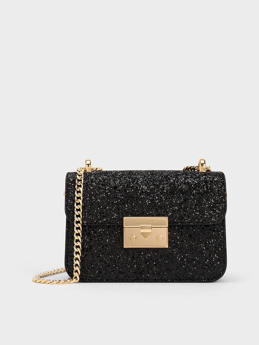 Glittered Push-Lock Chain-Handle Bag, Black, hi-res