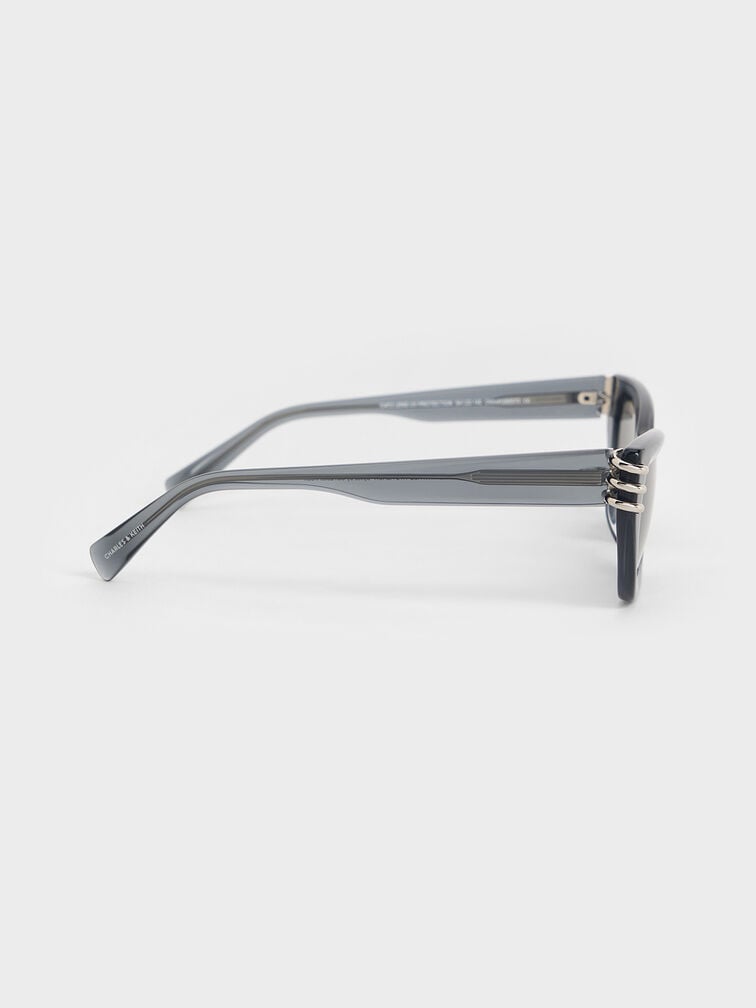 Recycled Acetate Metallic-Accent Angular Cat-Eye Sunglasses, Navy, hi-res