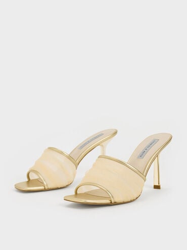 Metallic Chiffon Ruched Heeled Mules, Gold, hi-res