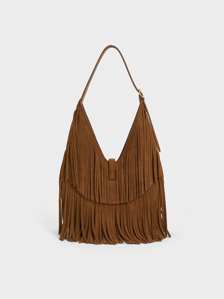 Cesia Recycled Suede Fringed Hobo Bag, Sienna Brown, hi-res