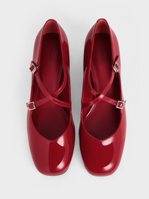 Patent Crossover-Strap Block-Heel Mary Janes, Red, hi-res