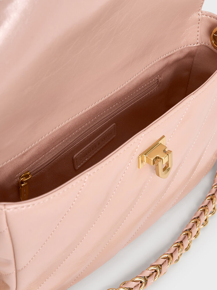 Fawn Panelled Front Flap Chain-Handle Bag, Light Pink, hi-res