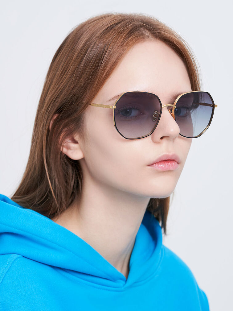 Tinted Geometric Sunglasses, Black, hi-res