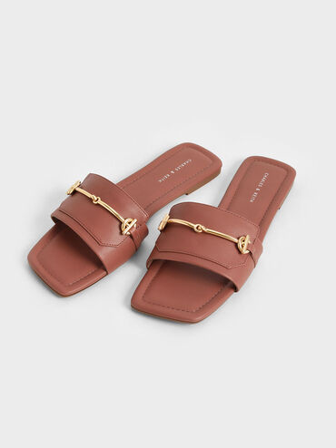 Metallic Accent Slide Sandals, Cognac, hi-res