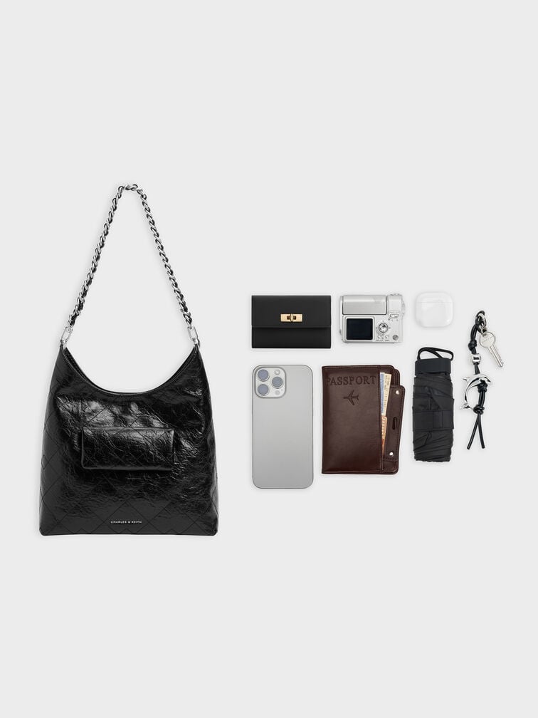 Duo Quilted Front-Pocket Chain Hobo Bag, Noir, hi-res