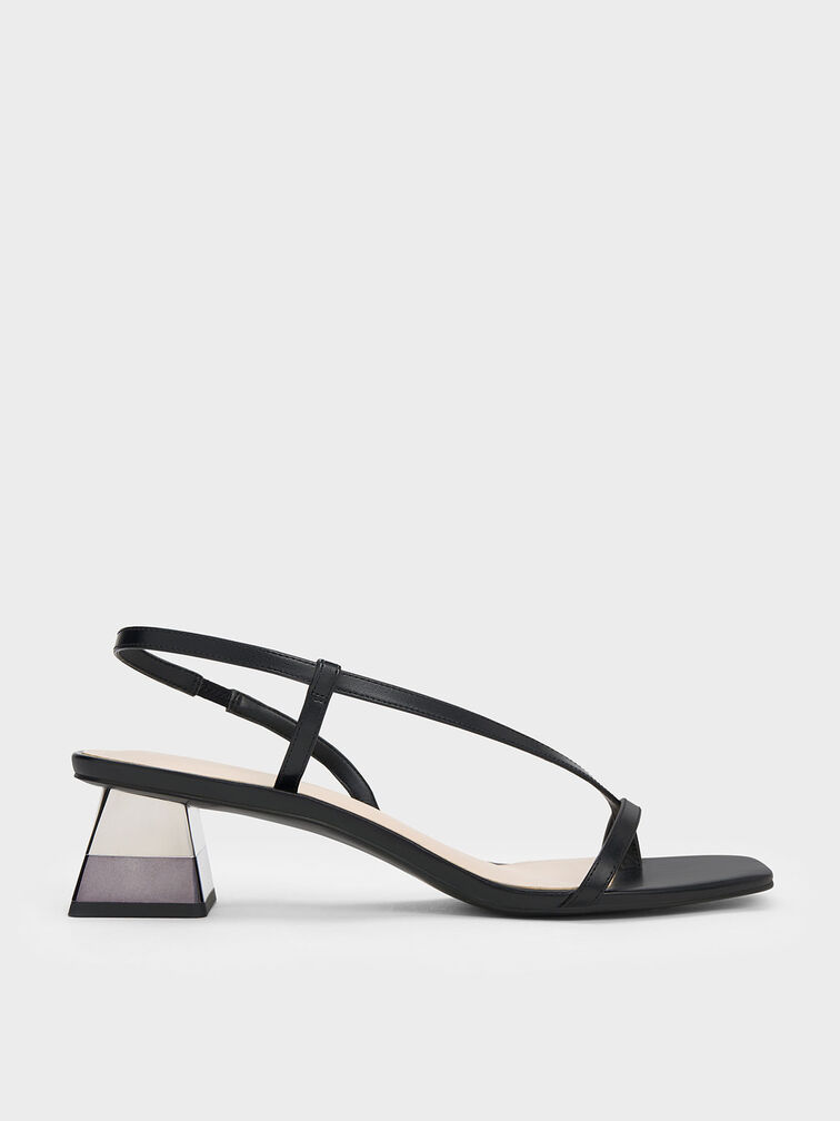 Metallic Trapeze Heel Thong Sandals, Black, hi-res