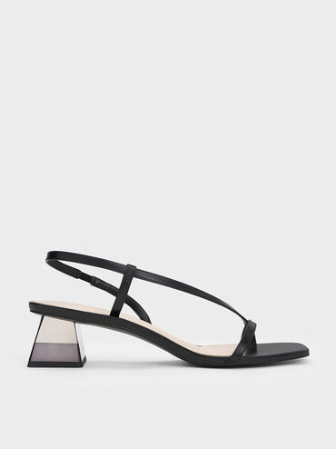 Metallic Trapeze Heel Thong Sandals, Black, hi-res