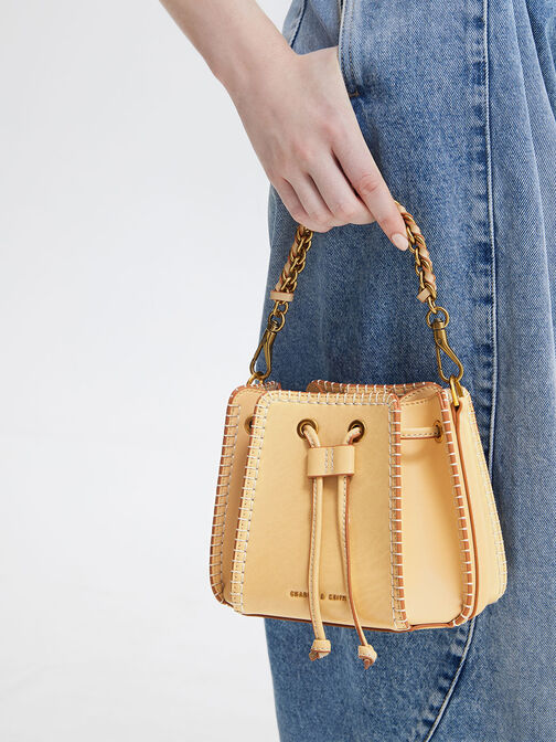 Circe Stitch-Trim Bucket Bag, Beige, hi-res
