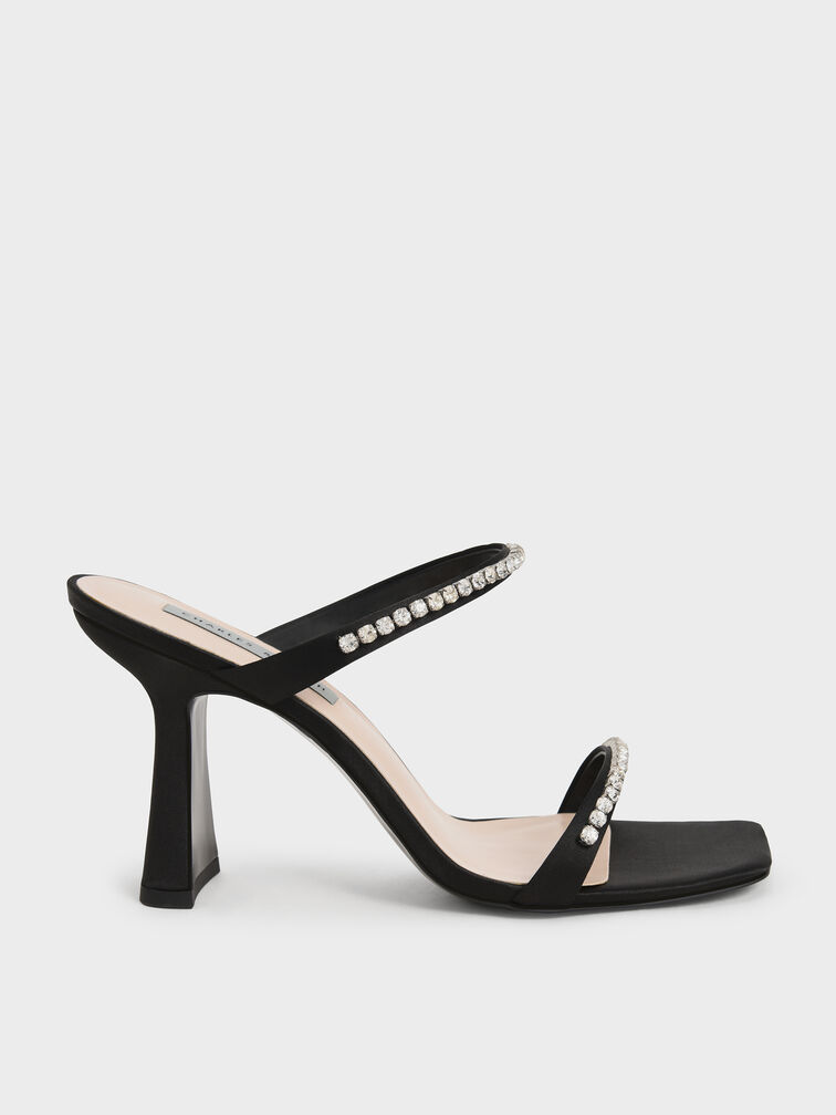 Satin Gem-Encrusted Heeled Sandals, Black, hi-res