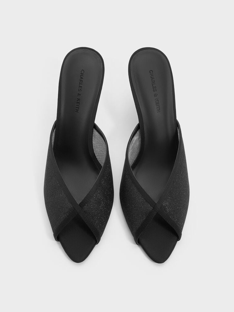 Glittered Mesh Peep-Toe Heeled Mules, Black Textured, hi-res
