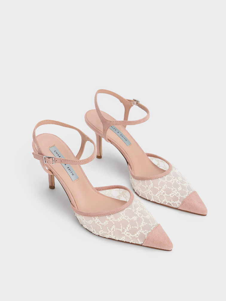 Beaded Mesh Ankle Strap Pumps, Nude, hi-res