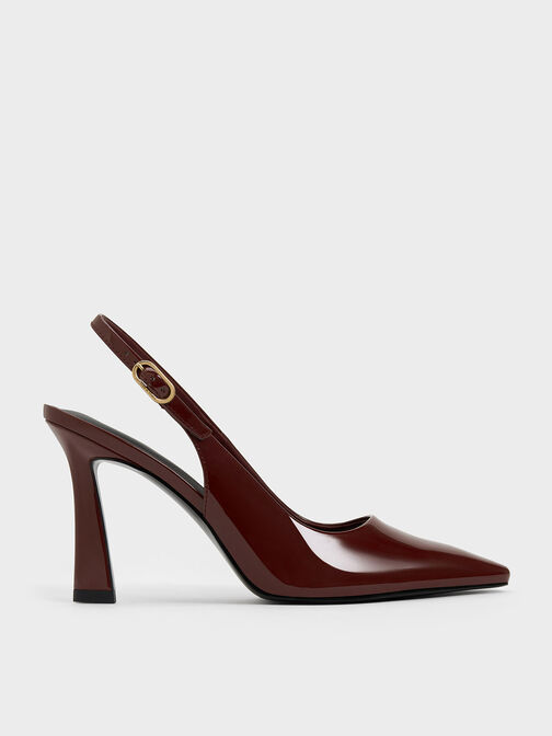 Patent Trapeze Heel Slingback Pumps, Burgundy, hi-res