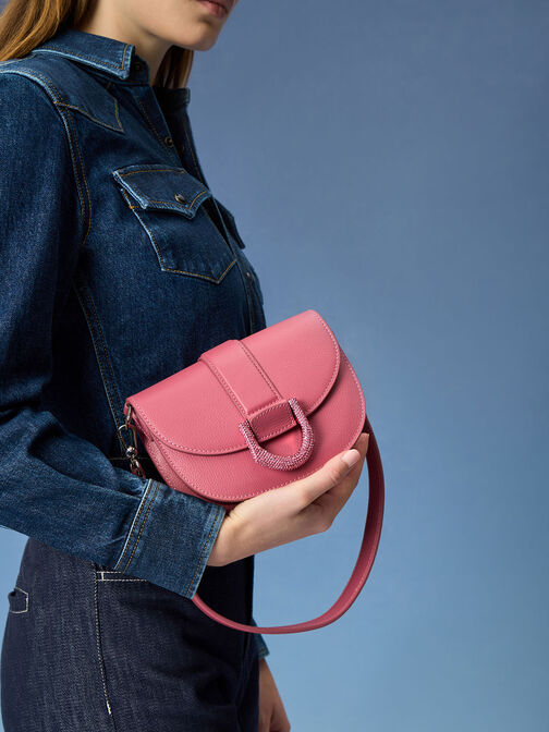 Mini Gabine Leather Saddle Bag, Coral, hi-res