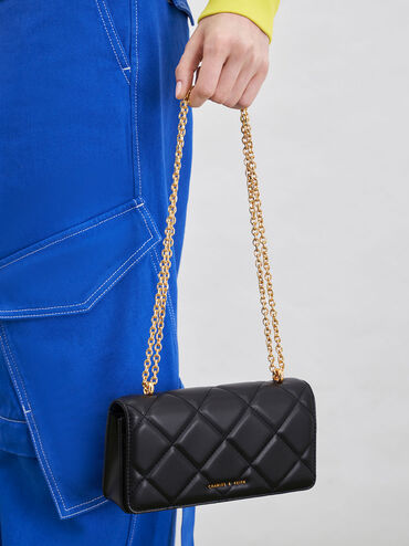 Paffuto Chain Handle Quilted Long Wallet, Black, hi-res