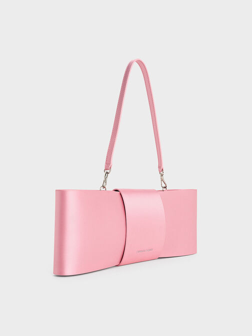 Satin Bow Elongated Shoulder Bag, Flamingo Pink, hi-res