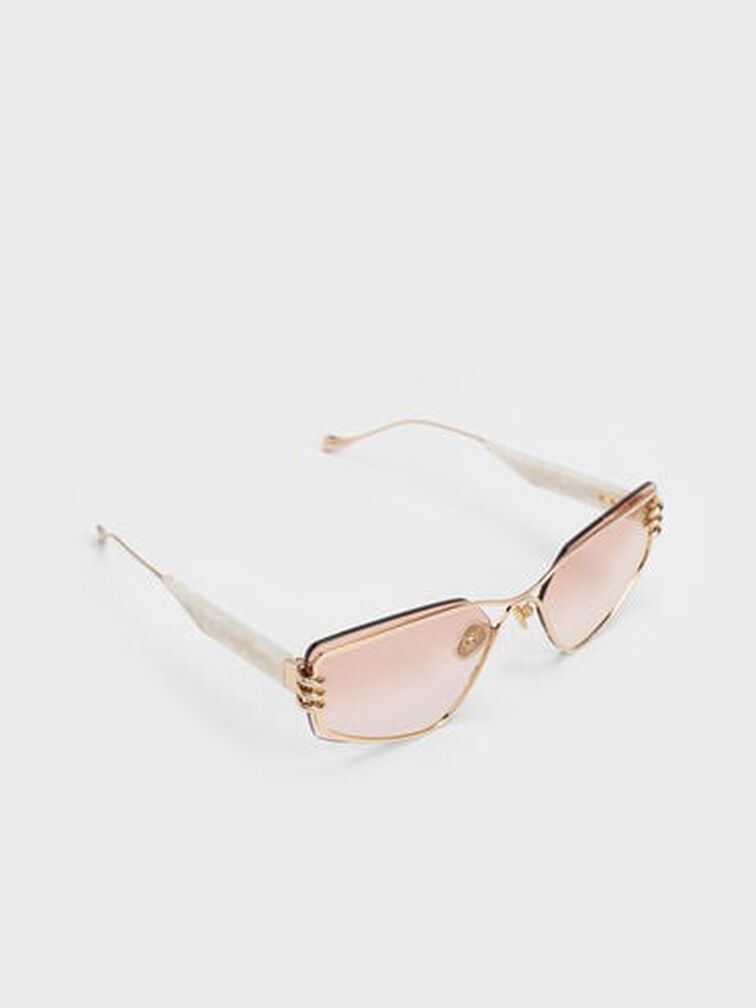 Metallic-Rimmed Geometric Sunglasses, Cream, hi-res