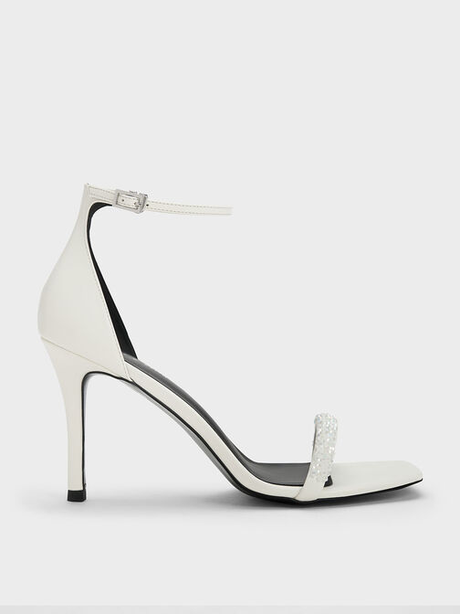 Beaded Strap Heeled Sandals, White, hi-res