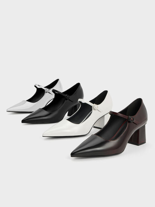 Pointed-Toe Mary Jane Pumps, White, hi-res