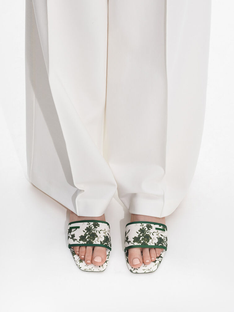 Floral-Print Slide Sandals, Green, hi-res