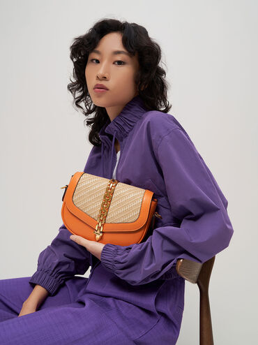 Isana Chain-Accent Crossbody Bag, Orange, hi-res