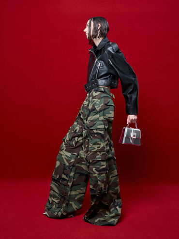 Metallic Crystal-Buckle Belted Top Handle Bag, Silver, hi-res