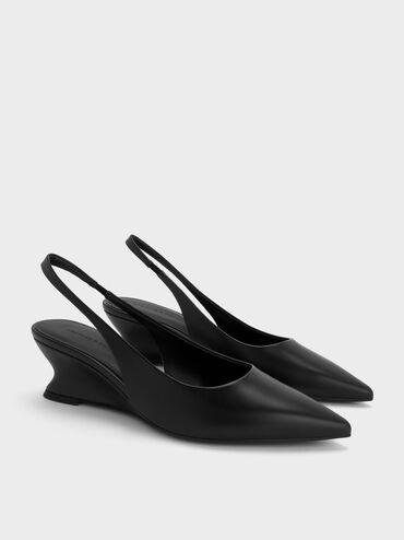 Sculptural-Heel Slingback Wedges, Black, hi-res