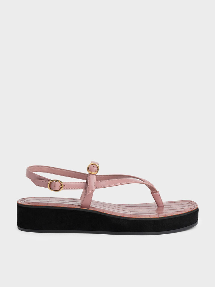 Croc-Effect Strappy Flatform Thong Sandals, Pink, hi-res