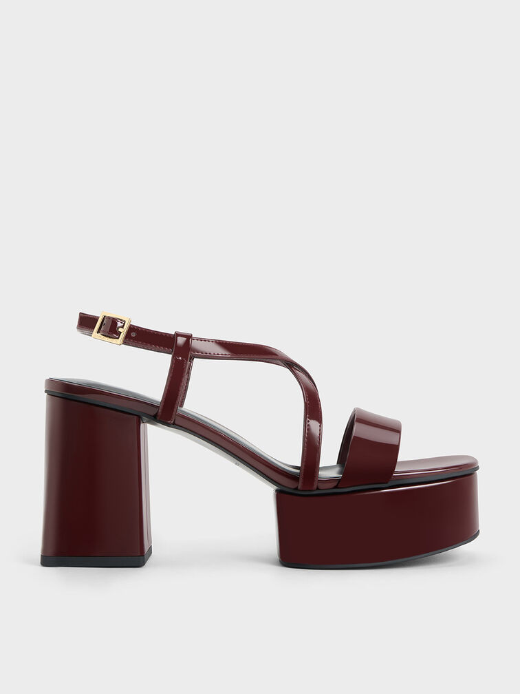 Patent Crossover Strap Platform Sandals, Burgundy, hi-res