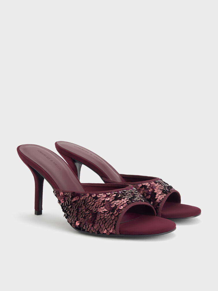 Sequinned Stiletto-Heel Mules, Burgundy, hi-res