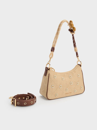 Philomena Raffia Flower Crossbody Bag, Beige, hi-res