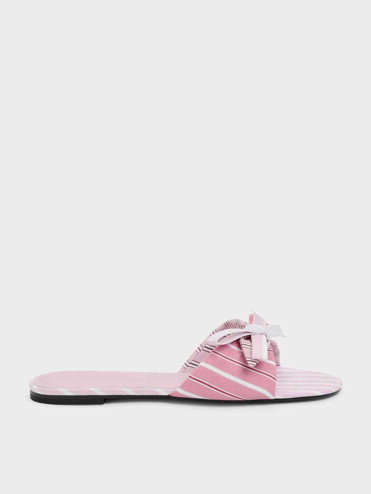 Striped Knot-Bow Slide Sandals, Light Pink, hi-res