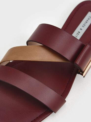 Metallic Accent Strappy Square-Toe Slides, Maroon, hi-res